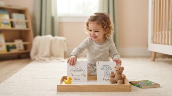Bedtime Routine Activity Cards for 2 Years printable learning activity for a 2-year-old