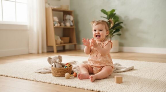 Clap, Wave, Point learning activity for a 10–11 month old baby