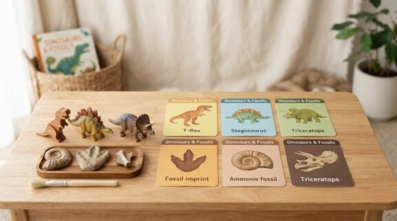 Dinosaurs & Fossils Activity Cards for 3 Years printable learning activity for a 3-year-old