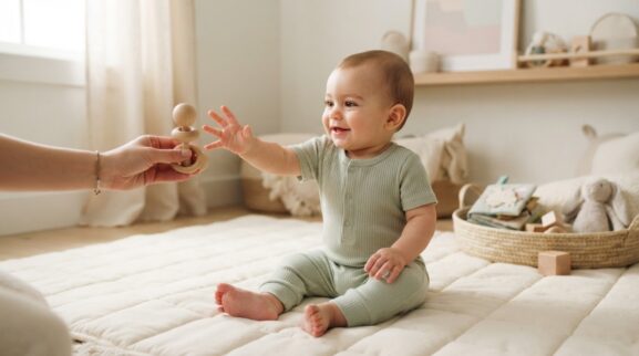 Hands-On Guide: Reaching & Grasping for 7–9 Months parent learning guide for a 7–9 month old baby
