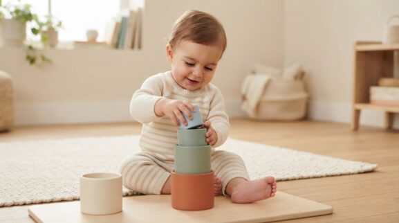 Hands-On Guide: Stacking & Nesting for 10–11 Months parent learning guide for a 10–11 month old baby