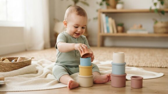 Hands-On Guide: Stacking & Nesting for 7–9 Months parent learning guide for a 7–9 month old baby