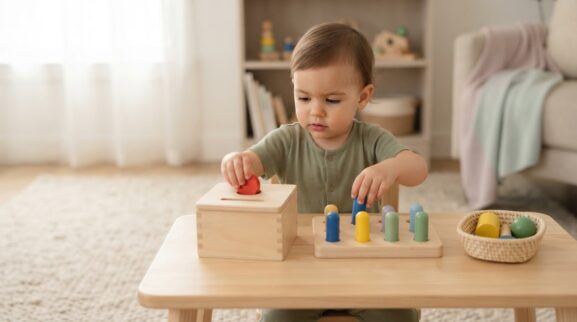 Hands-On Play: Posting & Pegging for 1 Year learning activity for a 1-year-old