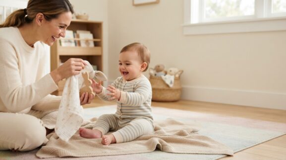 Help Them Think: Object Permanence for 10–11 Months parent learning guide for a 10–11 month old baby