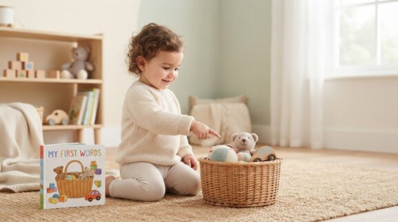 Basket learning activity for a 1-year-old