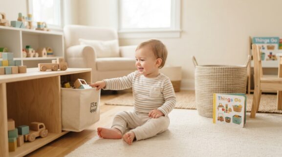 Bin learning activity for a 1-year-old