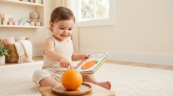 Orange learning activity for a 1-year-old