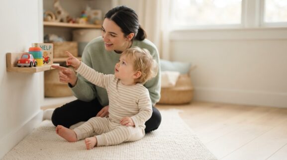 Learning Through Routines: Asking for Help for 1 Year parent learning guide for a 1-year-old