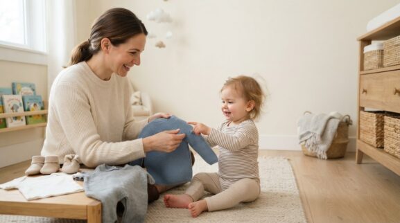 Learning Through Routines: Dressing & Clothing for 1 Year parent learning guide for a 1-year-old