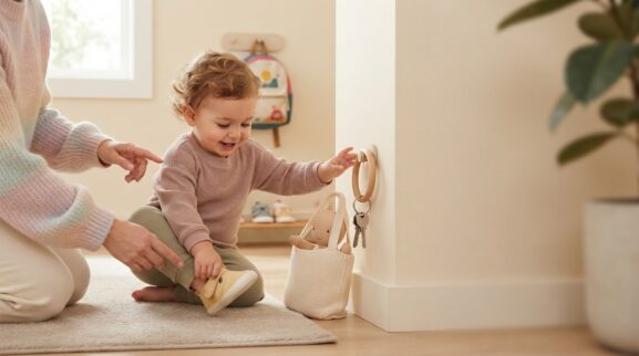 Learning Through Routines: Leaving Home & Transitions for 1 Year parent learning guide for a 1-year-old