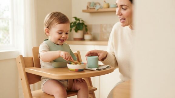 Learning Through Routines: Mealtime Language & Participation for 1 Year parent learning guide for a 1-year-old