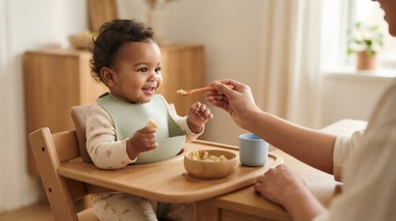 Learning Through Routines: Mealtime Language & Participation for 7–9 Months parent learning guide for a 7–9 month old baby