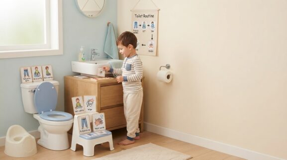 Learning Through Routines: Toilet Learning Words & Routine for 3 Years parent learning guide for a 3-year-old