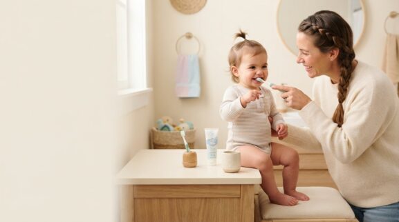 Learning Through Routines: Toothbrushing Routine for 1 Year parent learning guide for a 1-year-old