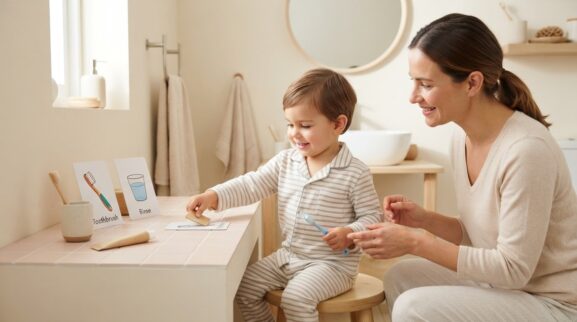 Learning Through Routines: Toothbrushing Routine for 2 Years parent learning guide for a 2-year-old