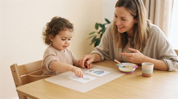 Mealtime Language & Participation Activity Cards for 2 Years printable learning activity for a 2-year-old