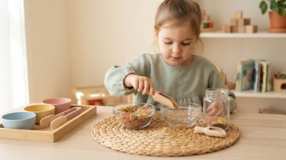Scooping & Pouring Activity Cards for 4 Years printable learning activity for a 4-year-old