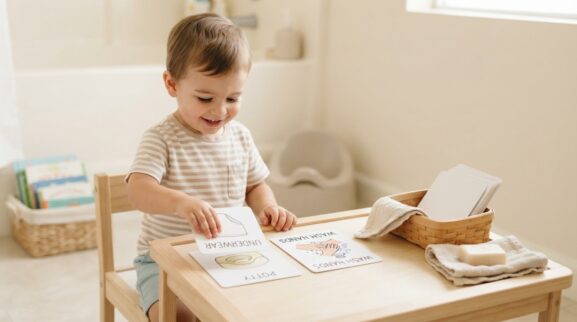 Toilet Learning Words & Routine Activity Cards for 2 Years printable learning activity for a 2-year-old