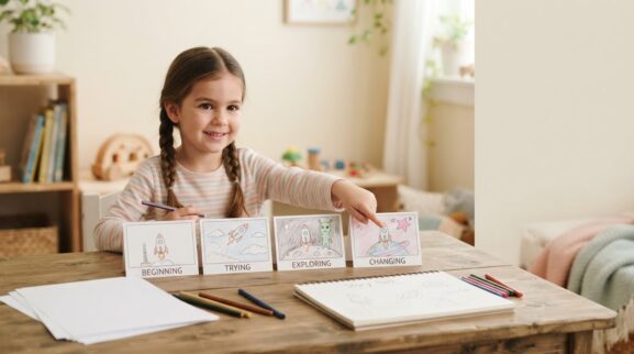 Turn Drawings Into Beginning-Middle-End Stories learning activity for a 5-year-old