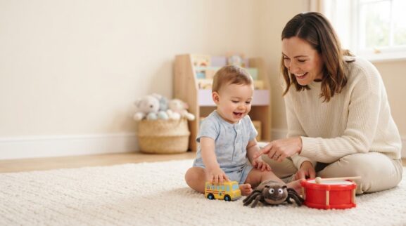 Use Action Songs to Teach First Verbs parent learning guide for a 1-year-old