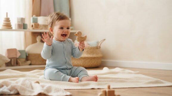 Wave Hello, Wave Goodbye learning activity for a 7–9 month old baby