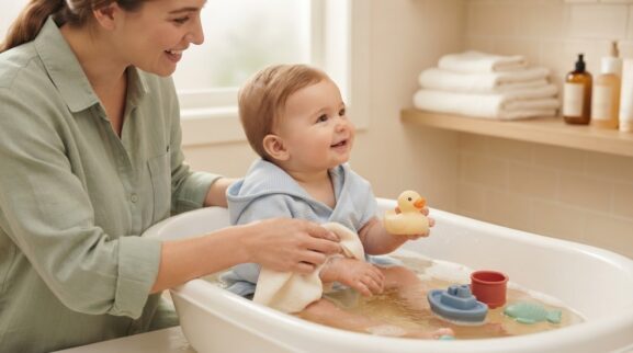 Bath-Time Talk Routine first words activity with a baby 10–11 months old