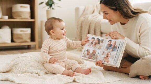 Family Photo Conversation connection & responsive relationships activity with a baby 7–9 months old
