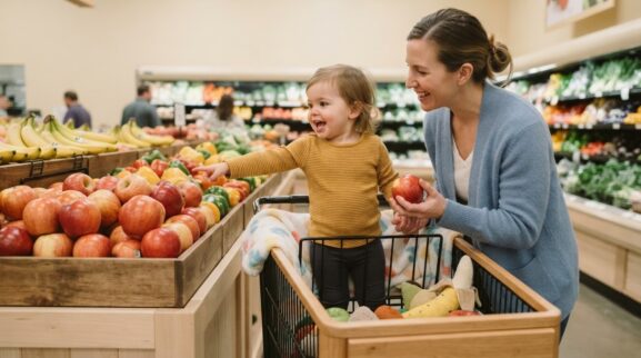 Grocery Store Language Hunt describing words activity with a 2-year-old toddler