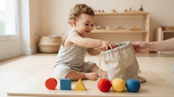 Mystery Bag Challenge classification activity with a 1-year-old toddler