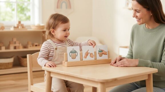 Picture-Step Routine asking for help activity with a 1-year-old toddler