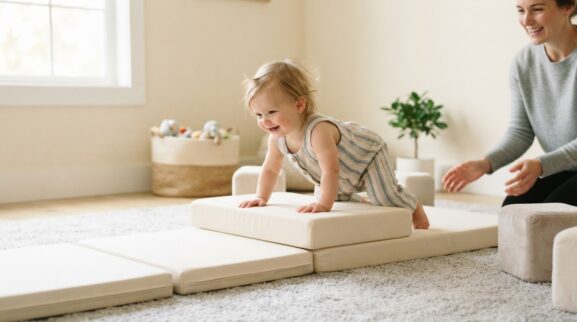 Pillow Path action movements activity with a baby 10–11 months old