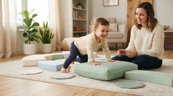 Pillow Path animal movements activity with a 1-year-old toddler