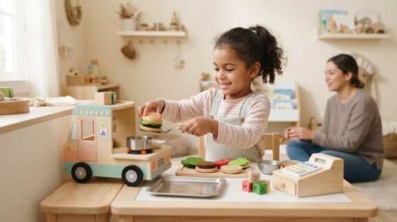 Pretend Café vehicle pretend play activity with a 4-year-old preschooler