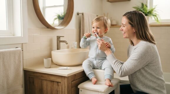 Real-Life Practice toothbrushing routine activity with a 1-year-old toddler