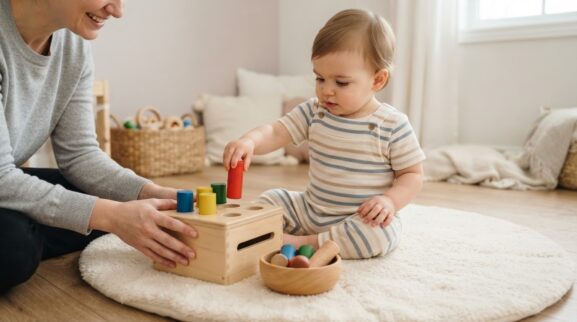 Sensory-and-Motor Setup posting & pegging activity with a 1-year-old toddler
