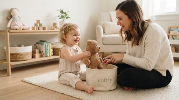 Stuffed-Animal Talk Game position & direction words activity with a 1-year-old toddler