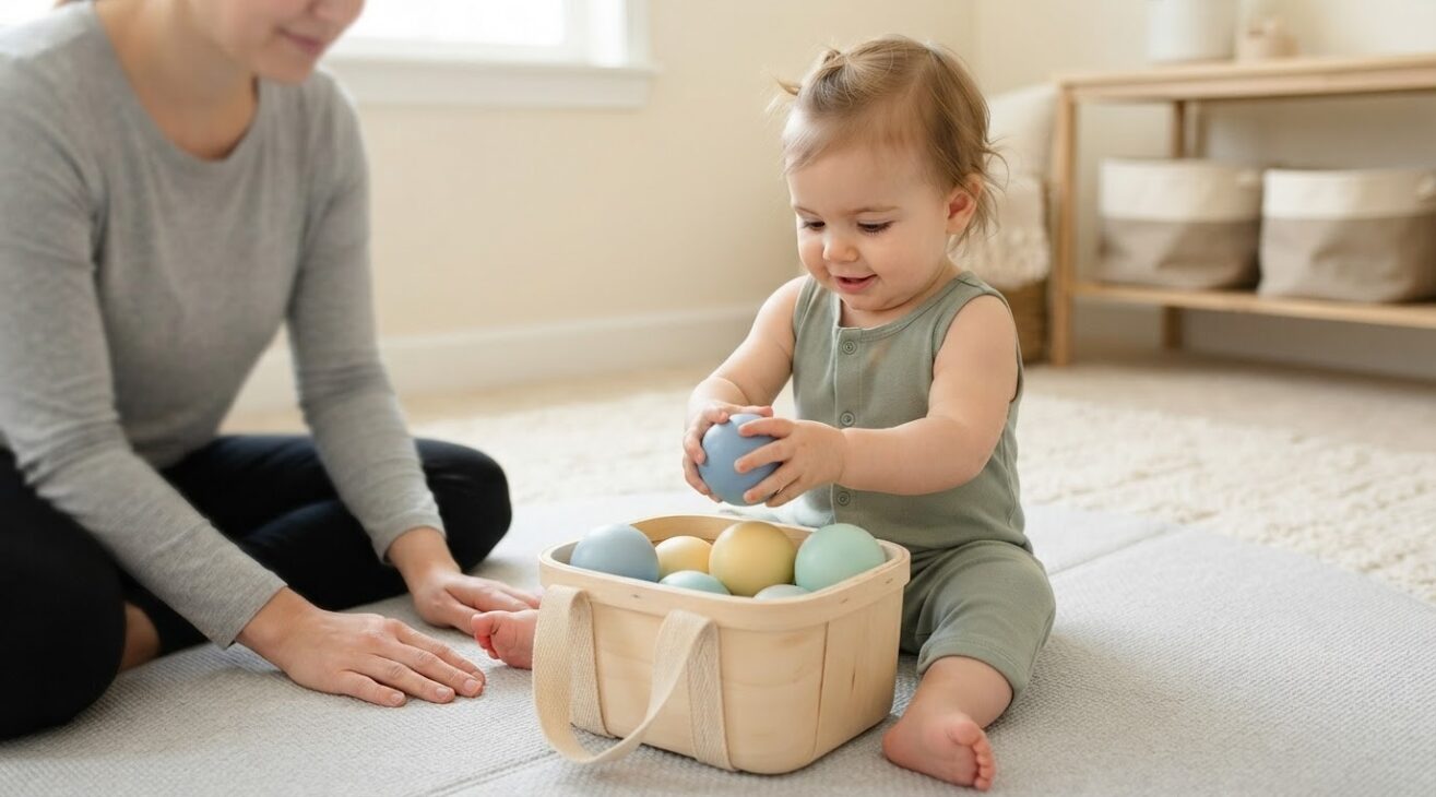 Put In / Take Out with a Tabletop Skill Game for 7-9-Month-Old Babies