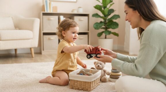 Toy Basket Talk-and-Play action words activity with a 1-year-old toddler