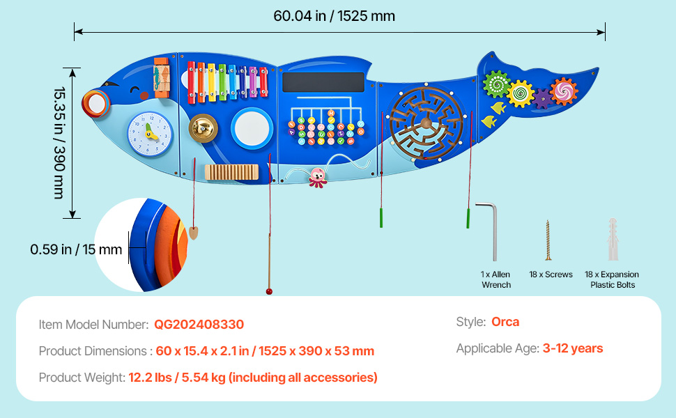 SucceBuy Orca Kids Wall Busy Board 12 Activities Hanging Panels Montessori Sensory Learning Toys for Toddler 3-12 Play Toys - Image 13