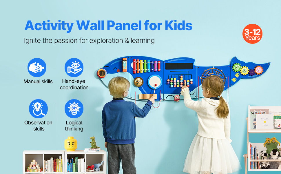 SucceBuy Orca Kids Wall Busy Board 12 Activities Hanging Panels Montessori Sensory Learning Toys for Toddler 3-12 Play Toys - Image 8