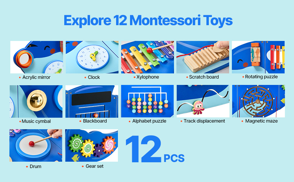 SucceBuy Orca Kids Wall Busy Board 12 Activities Hanging Panels Montessori Sensory Learning Toys for Toddler 3-12 Play Toys - Image 9