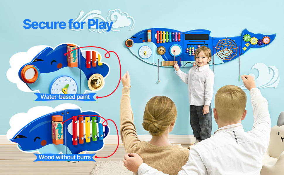 SucceBuy Orca Kids Wall Busy Board 12 Activities Hanging Panels Montessori Sensory Learning Toys for Toddler 3-12 Play Toys - Image 10
